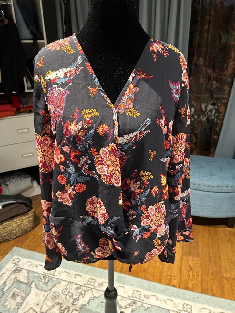 Signature Studio Black Floral V-Neck Blouse with Red, Pink and Yellow Accents